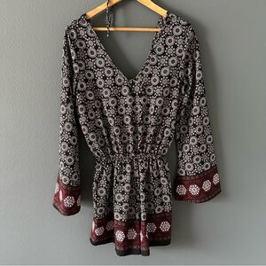 Elegant Black and Maroon Patterned Women's Romper